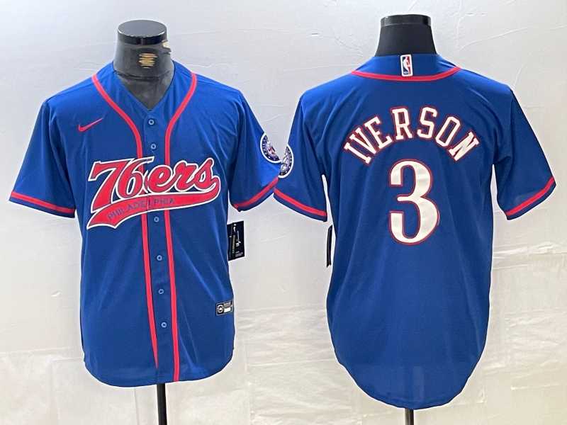 Men%27s Philadelphia 76ers #3 Allen Iverson Blue With Patch Cool Base Stitched Baseball Jersey